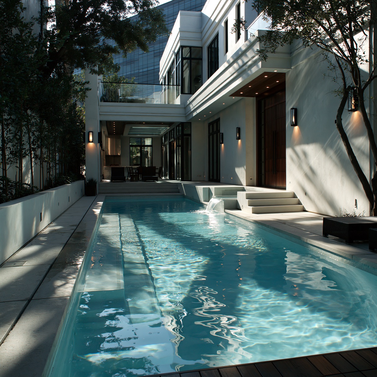 Modern lap pool with water feature in Preston Hollow